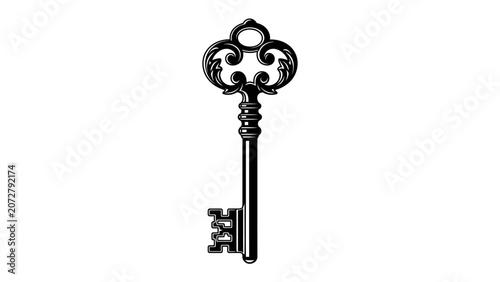 Photos Ornate Vintage Key: A beautifully detailed, black antique key with intricate scrollwork on the bow and a classic bit, symbolizing access, secrets, and history