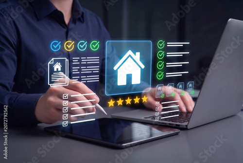digital real estate appraisal and housing quality control concept, professional checking property compliance and service standards on laptop, home rating system with checkmarks and stars for residenti