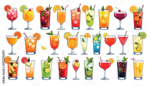Variety of colorful cocktail drinks.