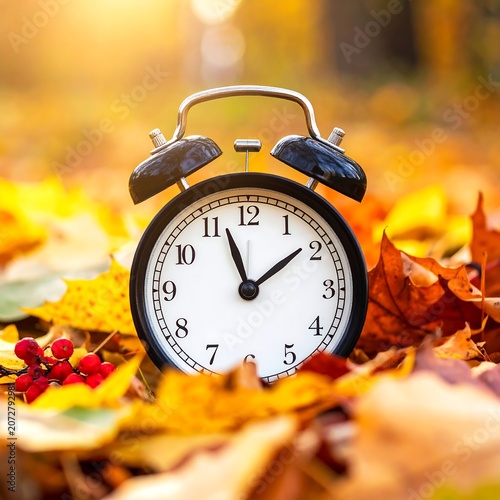 A classic alarm clock sits amongst colorful autumn foliage