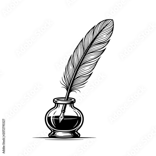 фотографія A quill pen stands in an inkwell on a table indoors.
