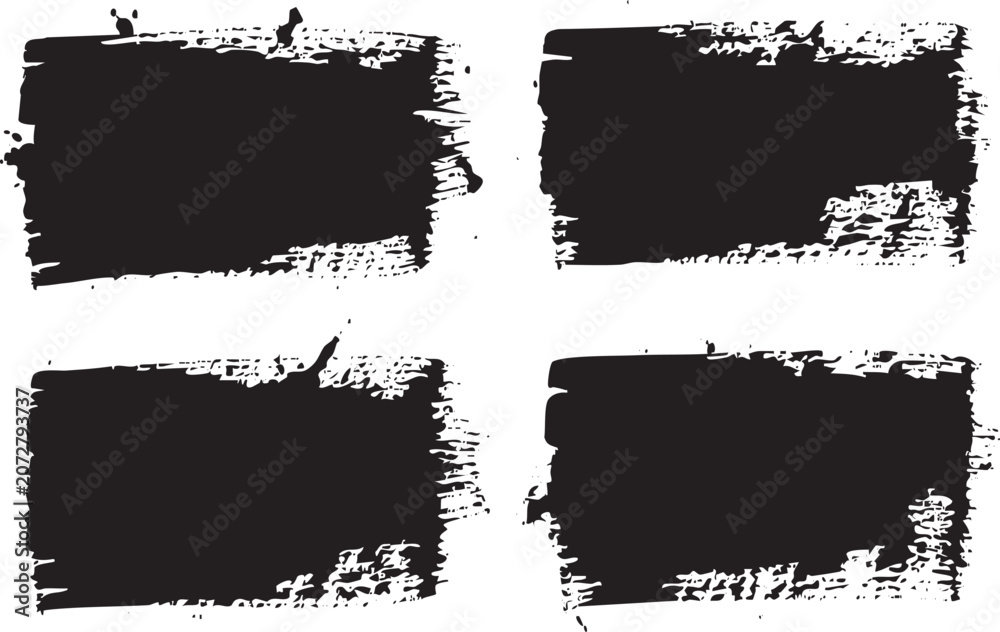 Fototapeta premium Set of four black rectangular grunge paint brush strokes with rough edges and artistic texture isolated on a transparent background