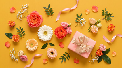 Flat Lay Pink Gift Box with Gold Bow and Scattered Flowers on Yellow Background, Elegant Roses, Gerbera Daisy, Petals and Ribbon, Mother's Day Celebration Concept
