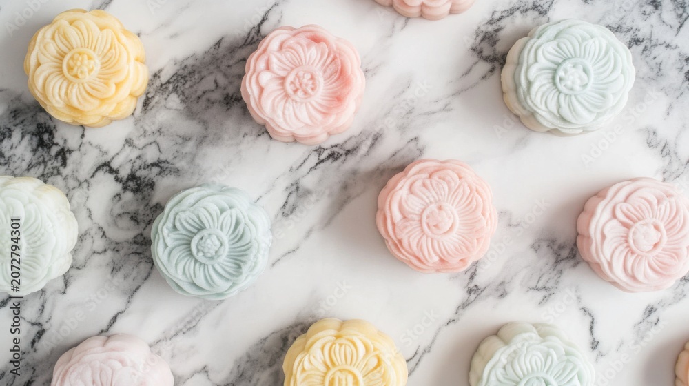 Fototapeta premium Pastel Floral Mooncakes on Marble Countertop