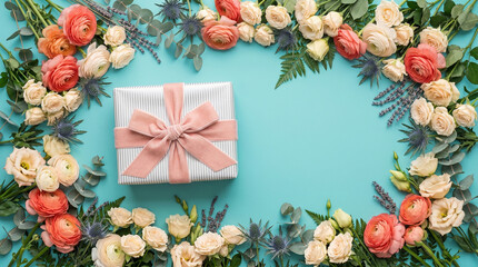 Flat Lay Gift Box with Pink Ribbon Bow Framed by Elegant Floral Wreath of Ranunculus, Roses and Eucalyptus on Cyan Background, Mother's Day Greeting Card Mockup
