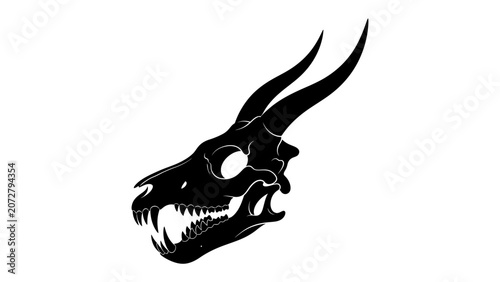 Obraz na plátně Dragon Skull Silhouette: A striking black silhouette of a dragon skull, featuring sharp teeth and prominent horns, evokes a sense of ancient mystery and formidable power