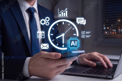 AI Calendar and Time Management System for Smart Scheduling Task Tracking Workflow Optimization Mobile Productivity Email Notifications and Corporate Efficiency Technology Interface