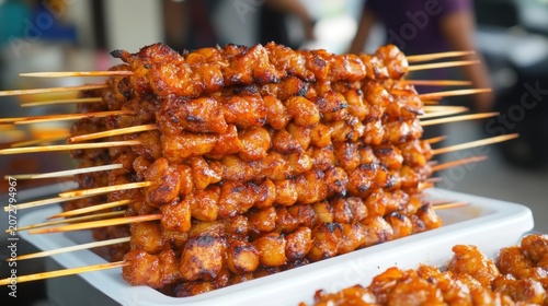 Stacked Grilled Meat Skewers on White Platter