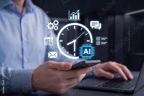 AI Calendar and Time Management System for Smart Scheduling Task Tracking Workflow Optimization Mobile Productivity Email Notifications and Corporate Efficiency Technology Interface