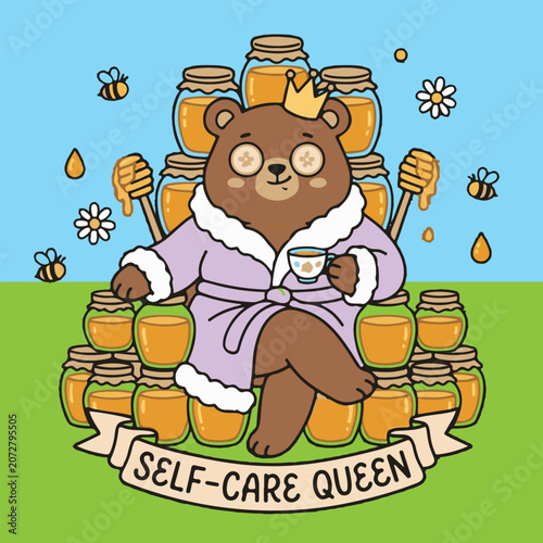 Cute cartoon bear relaxing on a throne made of honey jars, Self-care Queen