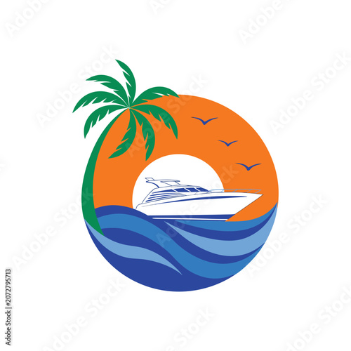 Premium Coastal Vacation Emblem Featuring White Yacht Blue Sea Waves and Tropical Palm Tree
