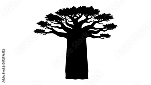 Bilde på lerret Silhouette of a Giant Baobab Tree: A stark black silhouette of a massive baobab tree, its iconic bottle-shaped trunk and expansive canopy, stands against a clean background