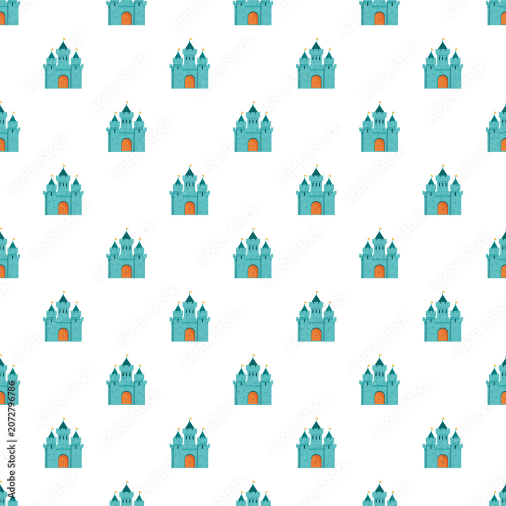 Naklejka premium Blue castle repeating across a white background, creating a fairytale pattern