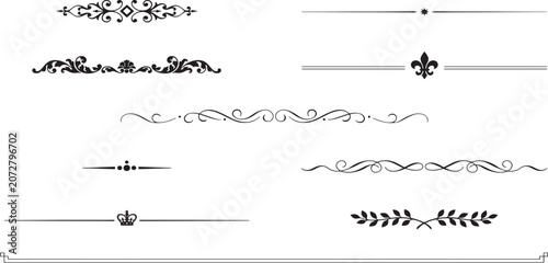 Vintage Ornate Vector Illustration Set of Syringes and Injection Tools with Decorative Victorian Scroll Frame Border Divider Banner Elements in Retro Black Silhouette Style