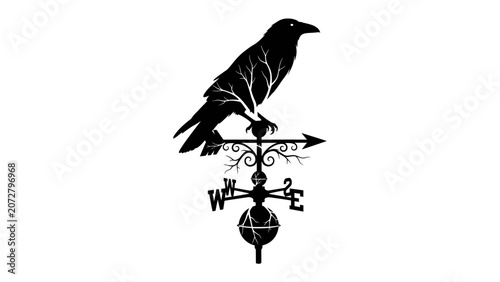 Tableau sur toile Silhouette of a Crow on a Weathervane: A striking black silhouette of a crow perches atop an ornate weathervane, its gaze fixed towards the horizon