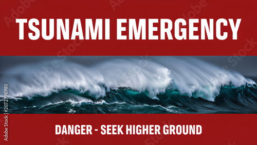 Tsunami emergency warning sign with large ocean wave  danger seek higher ground immediately transparent background