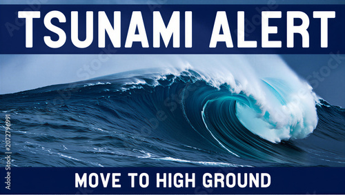 Tsunami alert warning sign with a large ocean wave moving to high ground immediately transparent background
