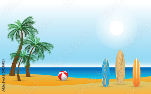 Realistic Tropical Beach Background with Palm Trees Surfboards Beach Ball and Bright Sun on Golden Sand Coast Vector Illustration