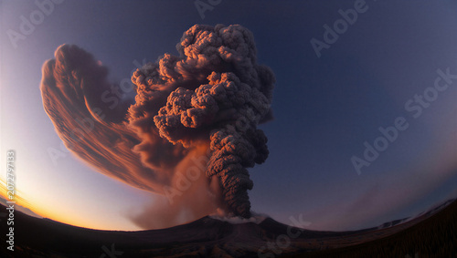 Volcanic eruption with large smoke cloud at sunset over mountain landscape transparent background