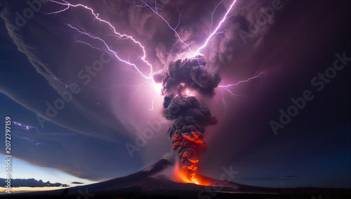 Volcanic eruption with lightning storm in the dark sky at night transparent background