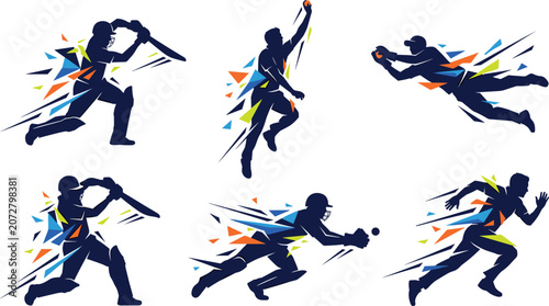 Vászonkép Vector dynamic sports illustration set featuring cricket player silhouettes with