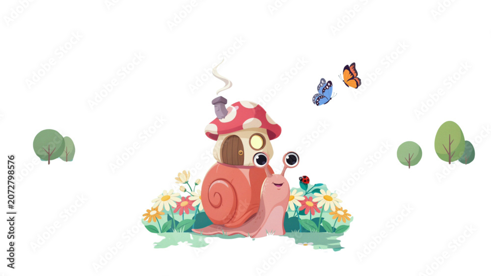 Fototapeta premium Cute cartoon fox character sitting on colorful flowers with butterflies in a cheerful garden setting Vector
