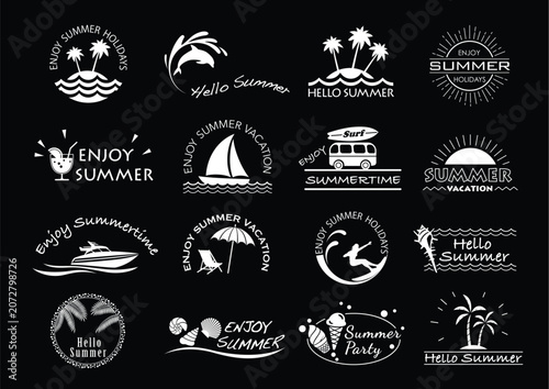 Summer Vacation and Beach Holiday Badge Design Collection Set with Retro Vintage Labels Elements Isolated on Black Background