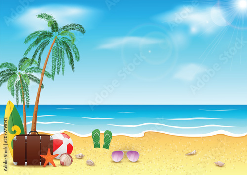 Realistic Tropical Summer Beach Background with Palm Trees Surfboard Suitcase Beach Ball Sunglasses and Starfish on Sandy Coast