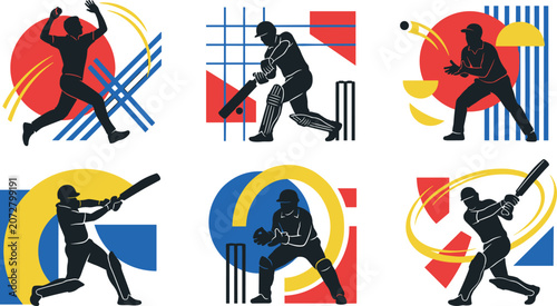 Vászonkép Vector abstract geometric sports icon set featuring black cricket player silhoue