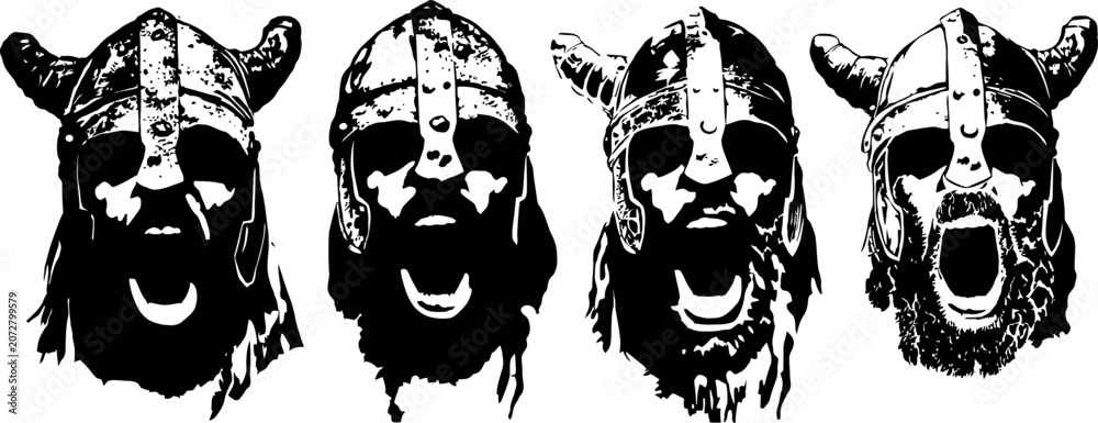 Fototapeta premium Viking warrior helmets with fierce shouting faces black ink illustration set