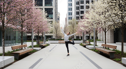 Young woman stretching in urban park with blossoming trees