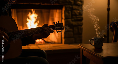 Silhouette of a person playing guitar by a fireplace with a cup of coffee