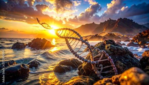 Abstract DNA helix bridge in sky at sunset with clouds over river, futuristic science and biotechnology concept of genetic molecule structure in nature landscape