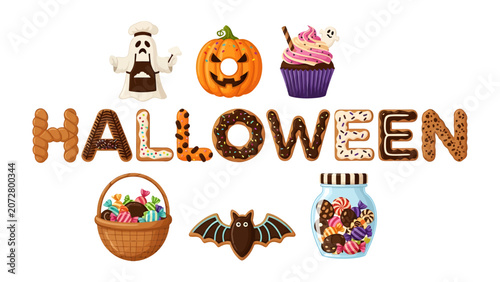 Foto Halloween Treats and Delights: A festive collection of Halloween-themed cookies, cupcakes, and candies arranged to spell out HALLOWEEN, promising a season of spooky fun and sugary indulgence