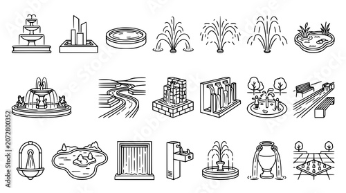 Architectural Fountain Outline Icons Collection with Garden Water Feature and Landscape Symbols