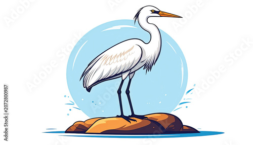 White Heron Standing on Rock Formation.