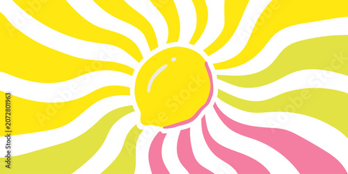 Fényképezés Cute lemon character centered on an abstract yellow and white wavy background, cheerful retro style illustration