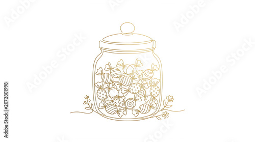 Continuous line drawing of a glass jar filled with various candies, decorated with floral elements isolated on transparent background