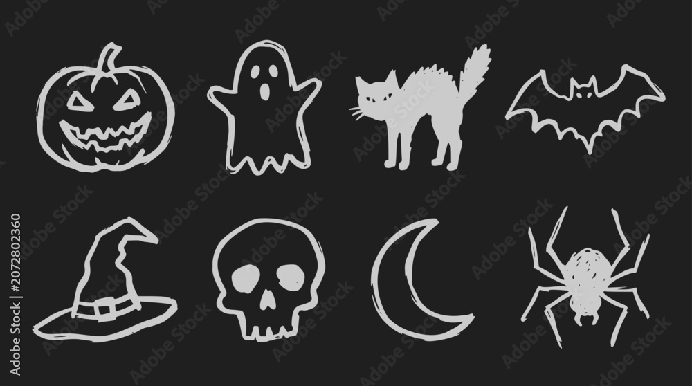 Fototapeta premium Halloween icons including pumpkin, ghost, cat, bat, hat, skull, moon, spider on black