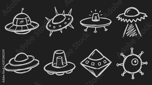 Eight hand-drawn flying saucers in white outline on a black background, a collection of cartoon UFO doodles