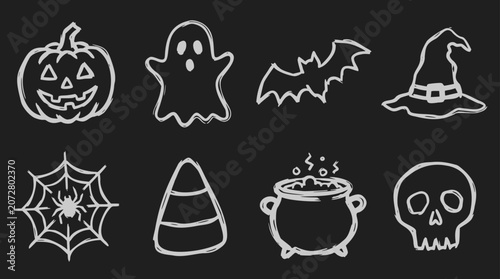 Eight hand-drawn Halloween doodle icons including a jack-o'-lantern, ghost, and witch hat in white chalk style on a black background