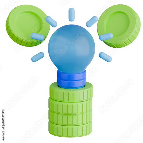Financial Idea and Investment Concept with Glowing Lightbulb on Coins Stacks. 3d icon.