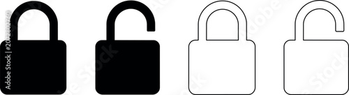 Fotografía Set of four padlock graphics showing locked and unlocked states in solid black a