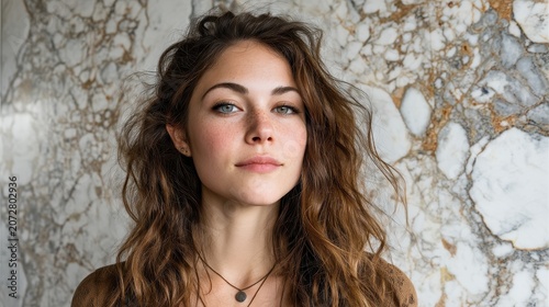 Polished onyx surface backdrop with young woman, wavy brown hair, direct gaze. Natural freckled complexion, slender frame, serene expression. Photorealistic portrait with sharp detail and golden-gray