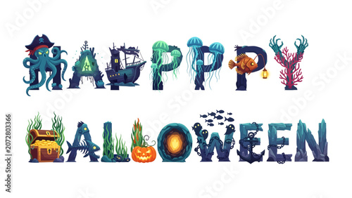 Photos Halloween Underwater Alphabet: A whimsical Halloween greeting spelled out with creatively designed letters, featuring an underwater theme with a pirate octopus, shipwreck, jellyfish, treasure chest