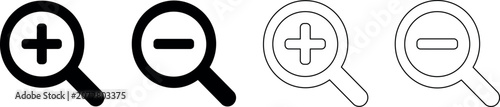 Konstfotografi Set of zoom in and zoom out magnifying glass icons with plus and minus symbols