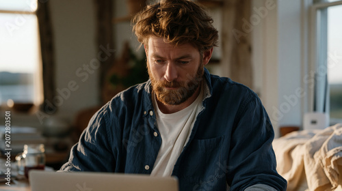 Young man in a rural kitchen connects to a slow wifi signal on a budget laptop, cell signal booster visible on windowsill, farmhouse setting, remote work access gap, digital equity barrier, underser