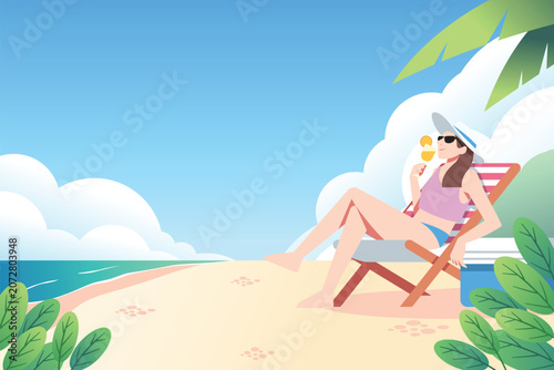 Young Woman Relaxing on Deck Chair at Sun Lounger Drinking Cocktail at Tropical Summer Beach Flat Vector Illustration