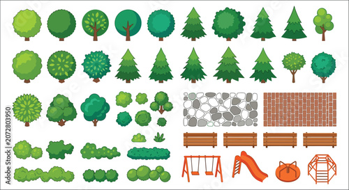 Billede på lærred Assorted Trees Benches And Playground Elements A Colorful Vector Illustration On