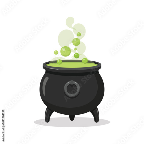 Quadro su tela A black witch cauldron with a ring handle, filled with a bubbling green potion a